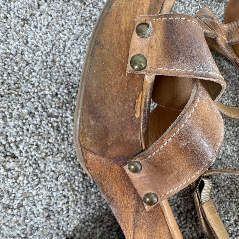 Bed Stu Kalah Tan Leather Platform Sandals Wooden Chunky Heel Clog Pump 7.5 Boho - Picture 5 of 8